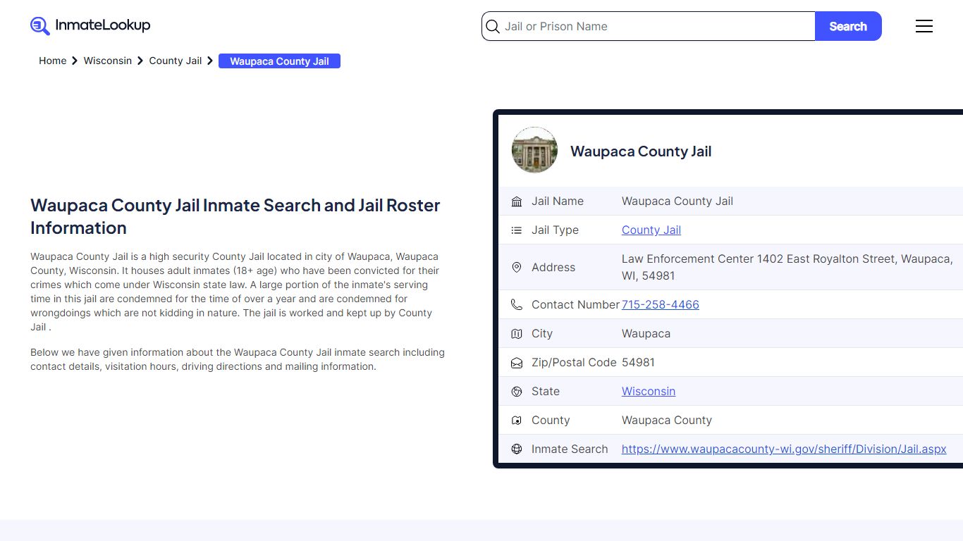 Waupaca County Jail (WI) Inmate Search Wisconsin - Inmate Lookup